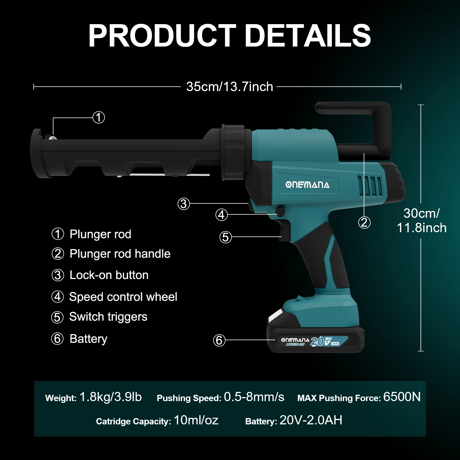 Caulk Gun 20V Auto Retract Drip-Free Caulking Gun with LED 300ml/10oz Silicone Caulking Tool for Filling Sealing 6 Adjustable Speed Electric Caulking Gun Kit with Battery and Charger