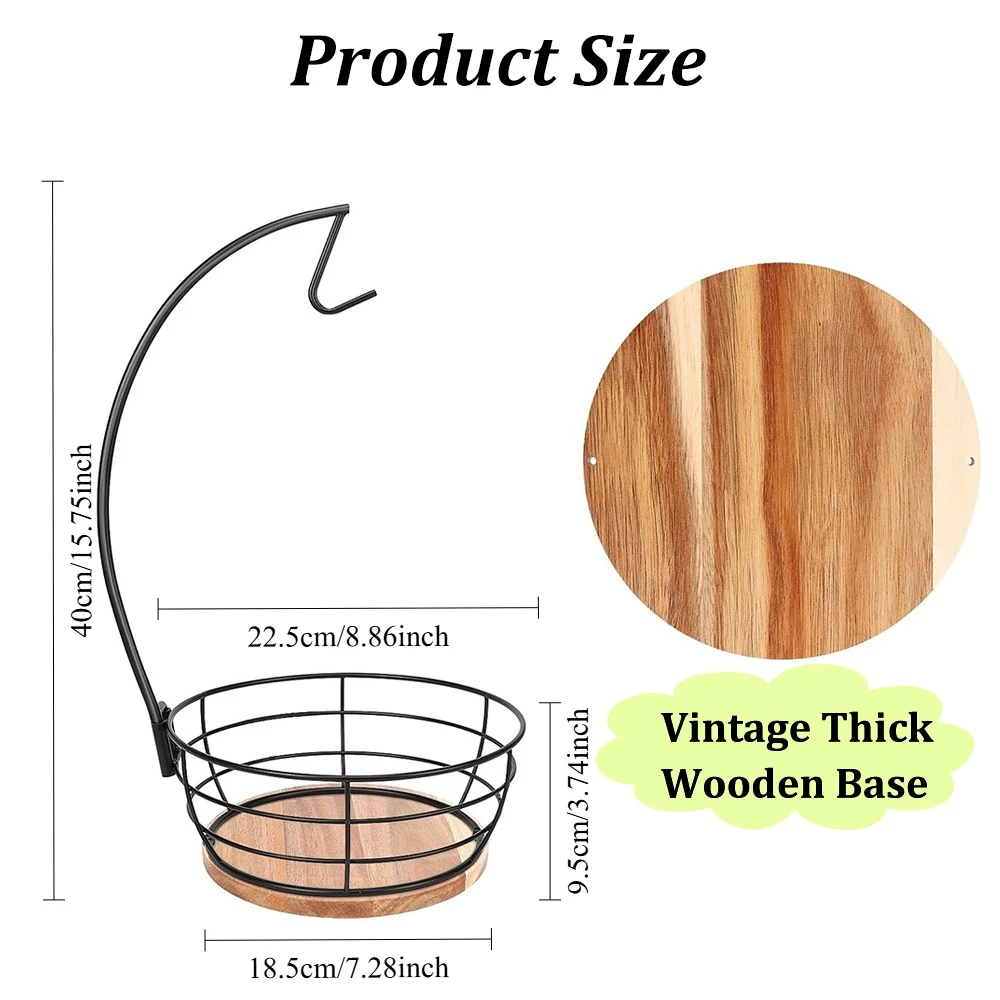 Countertop Metal Wire Fruit Basket with Banana Hanger Wooden Base Modern Fruit Vegetable Storage Bowl Kitchen Dining Table Decor