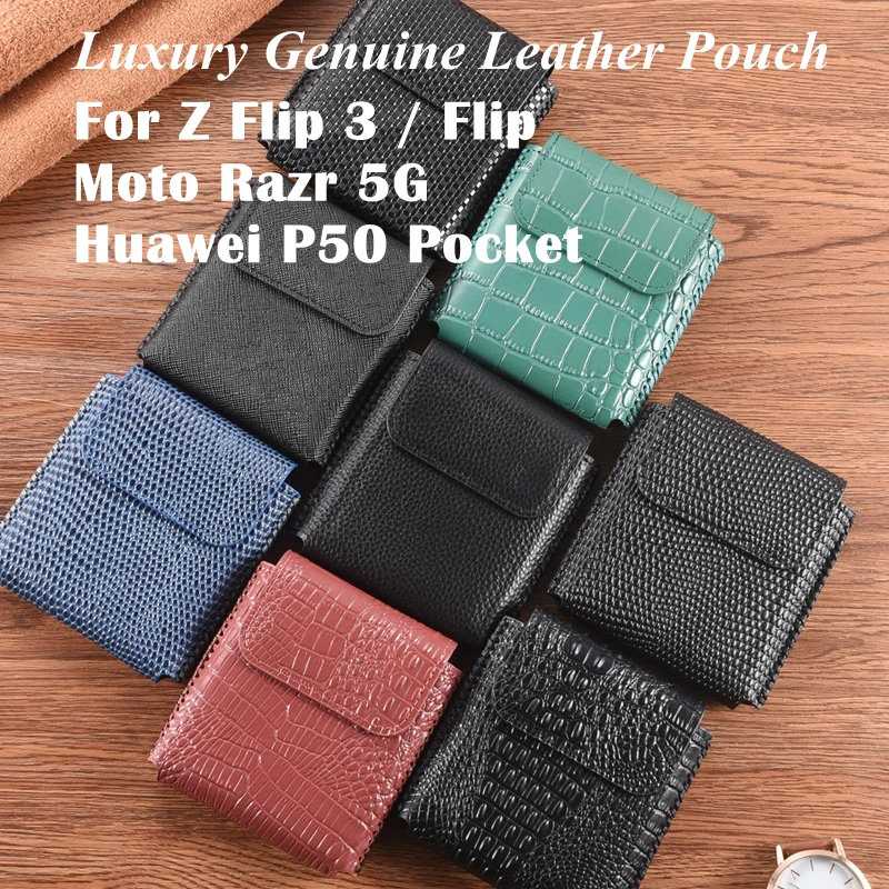 

Genuine Leather Case Pouch for Samsung Galaxy Z Flip 4 3 Protective Pouch for Motorola Razr 5G Huawei P50 Pocket