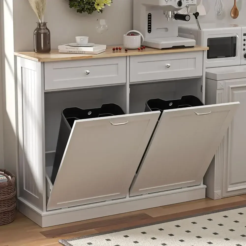 

Kitchen Waste Bin Cabinet with Laundry Hamper, 26 Gallon Pet-Proof Trash Can for Living Room, White