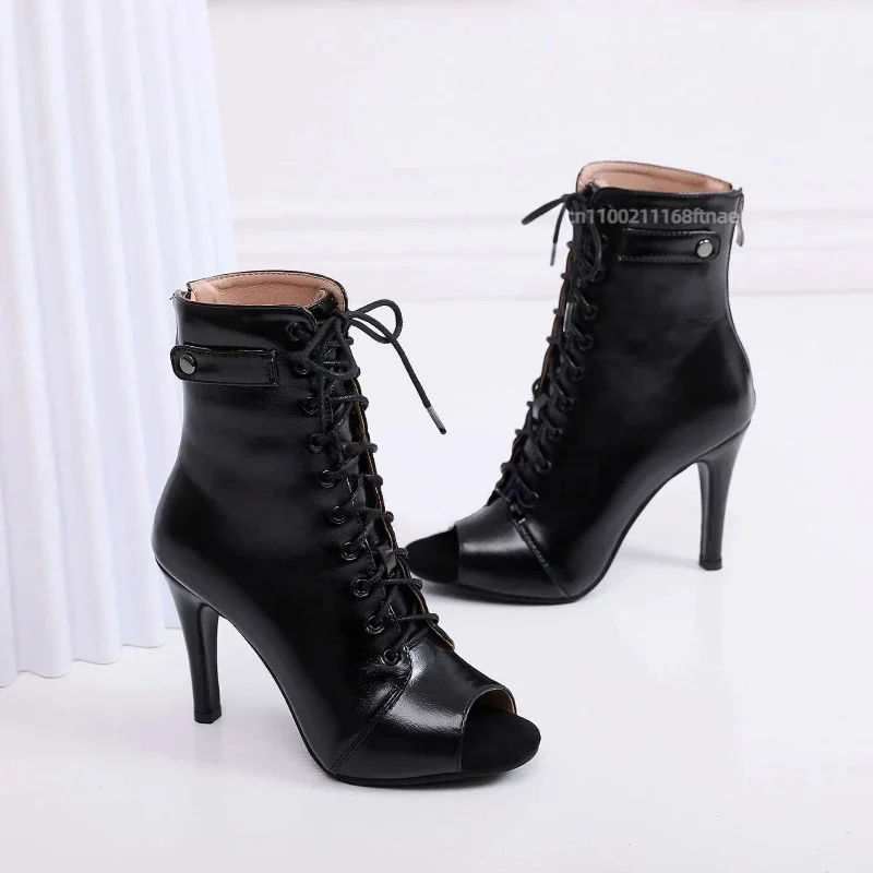 Damen-Tanzstiefeletten mit Fischmaul-Design, Schnürung, Ausschnitten, schmalem Absatz, für Frühling und Sommer, Jazz-Party, Aufführung – Detail 11