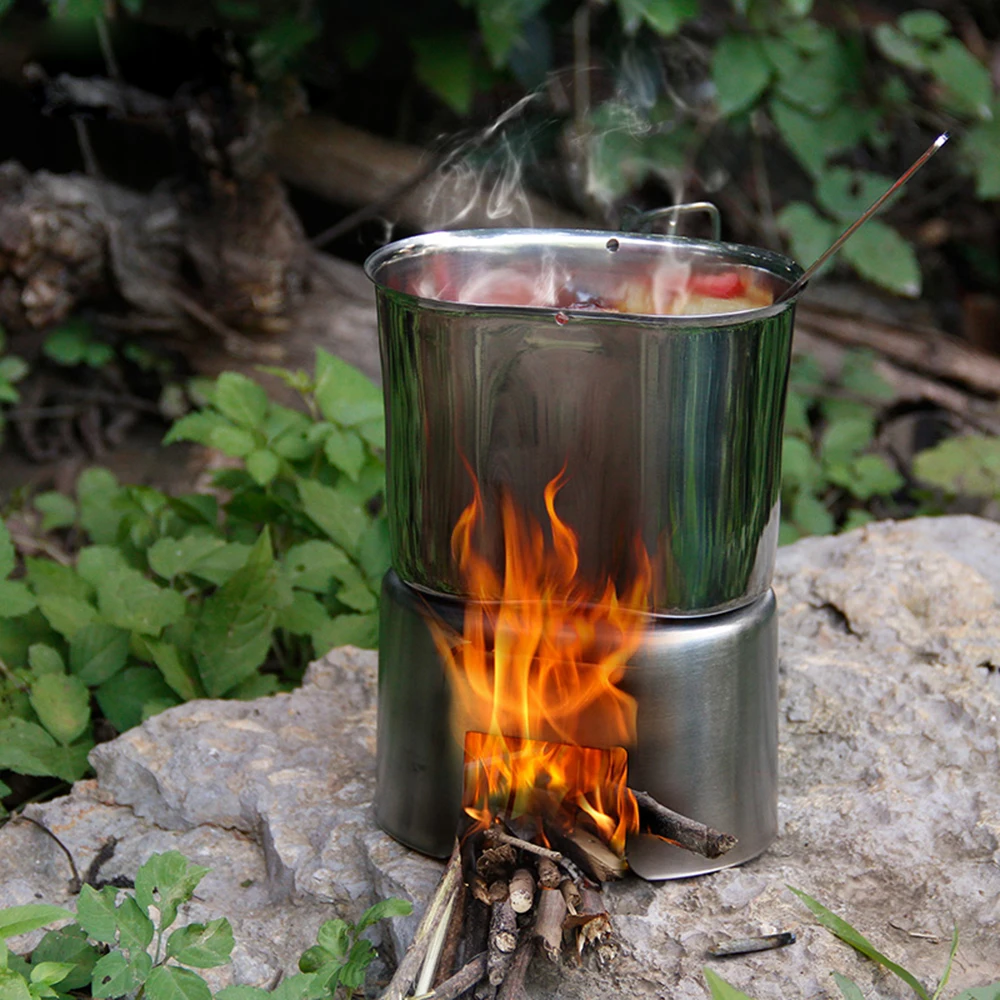 Camping Cookware Stainless Steel Canteen Cup Hanging Pot with Wood Stove Set for Outdoor Survival Backpacking Hiking Picnic