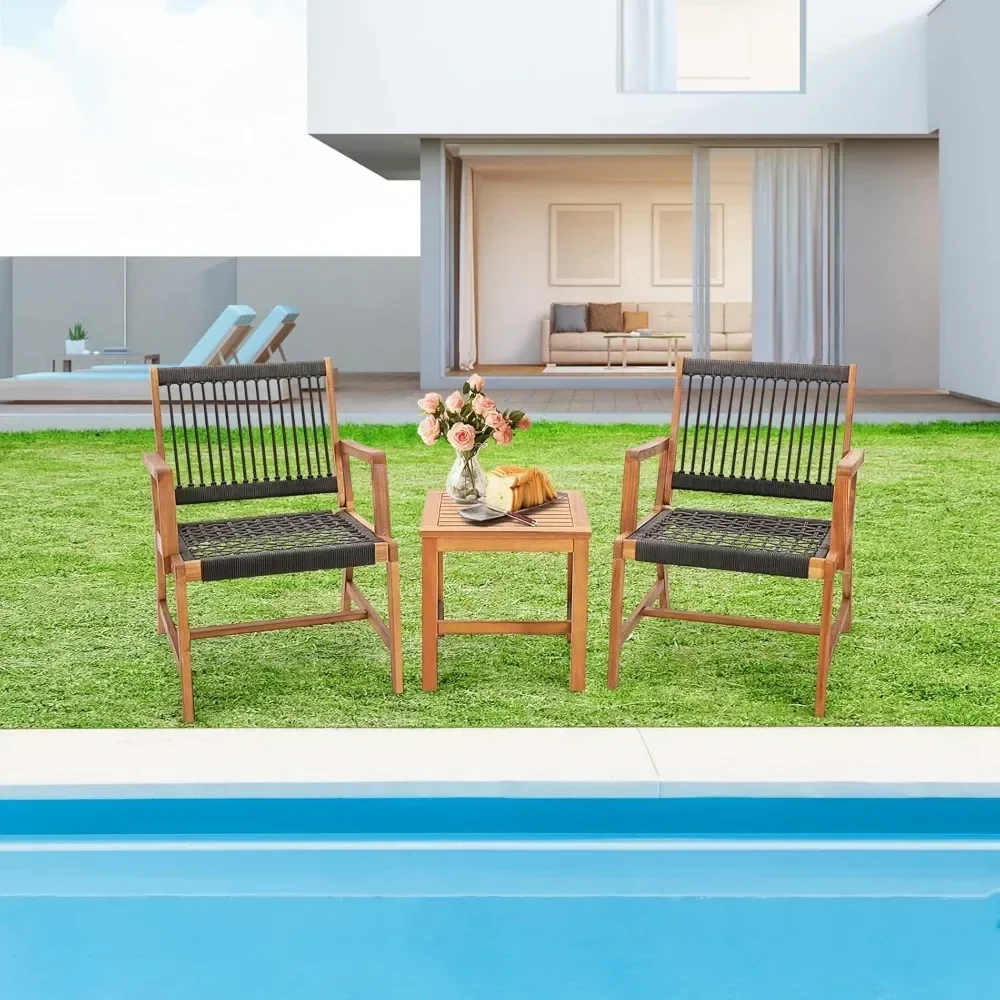 Acacia Wood Outdoor Furniture Set, corda para todos os climas, Woven Bistro Set com poltronas e mesa de café, 3 pcs