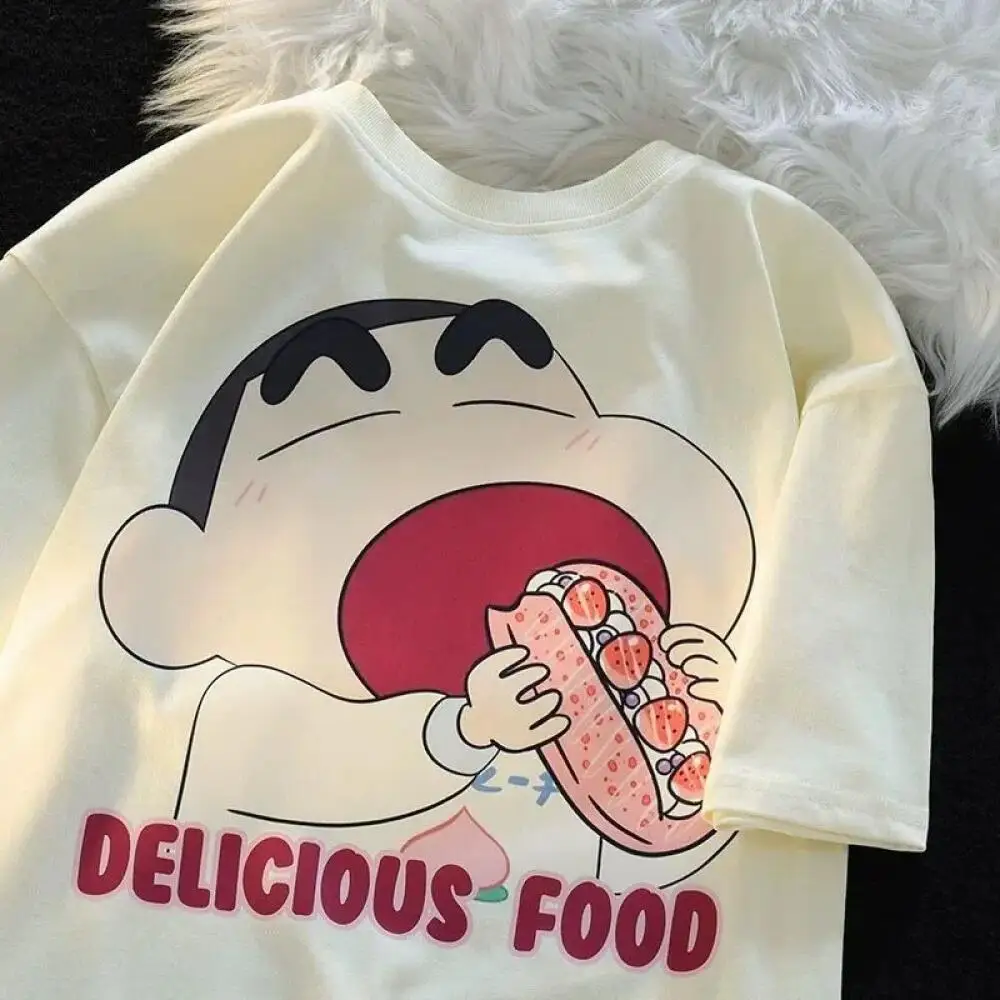 2026 Summer Crayon Shin Chan Eating Strawberry Dessert Print Cotton Loose Men T Shirt