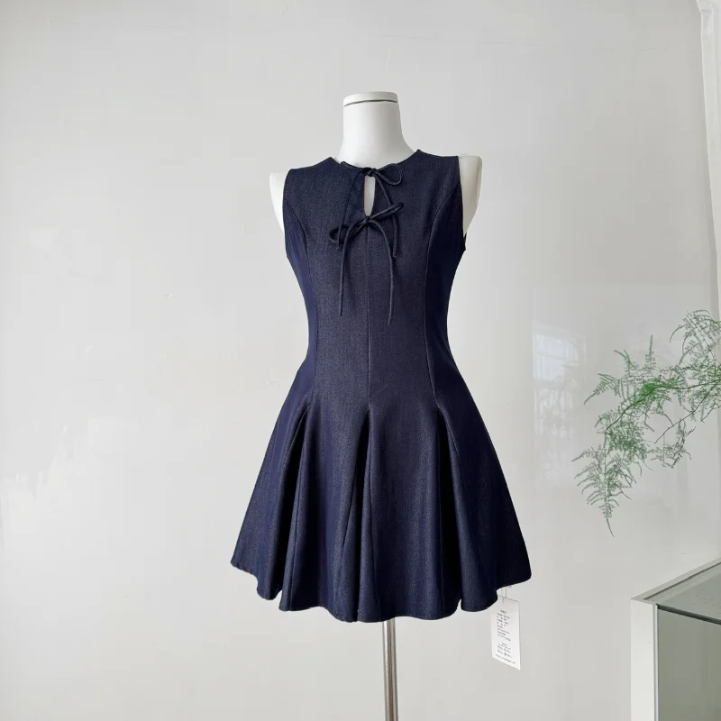

Primary Color Denim Blue French Lace Bow Sweet Vest Dress Women Fashion Simple Basic Sleeveless Female Dress Summer