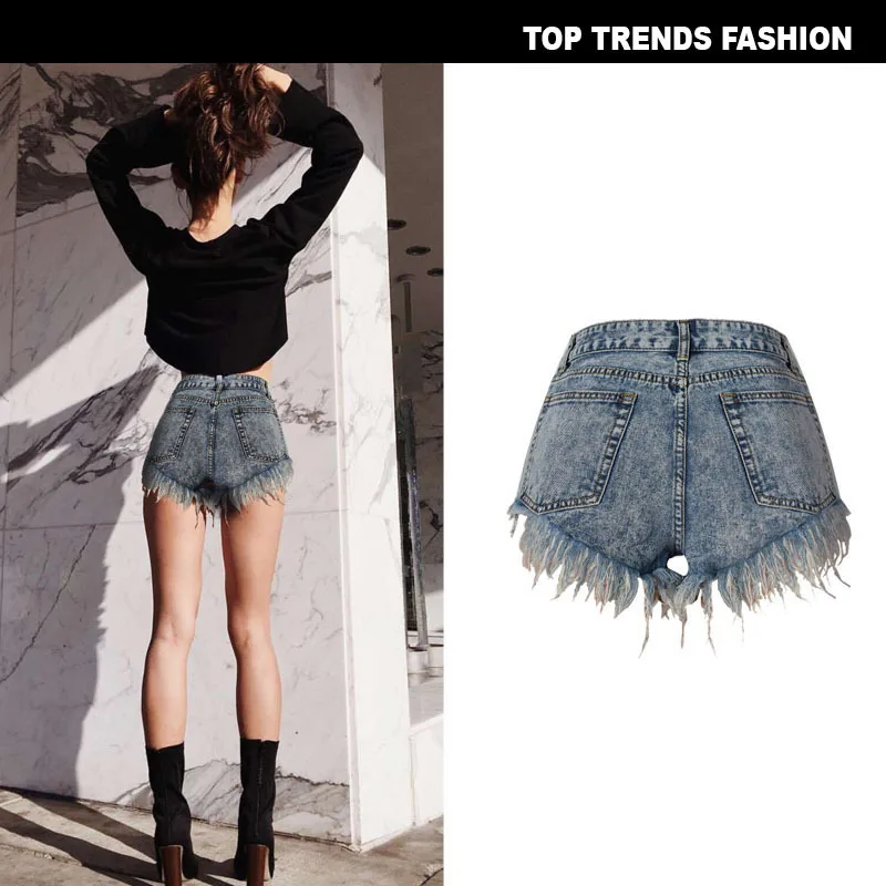 Women's Decoration High Waist Frayed Irregular Leaky Pockets Tassel Snowflake Nostalgic Denim Shorts for Women