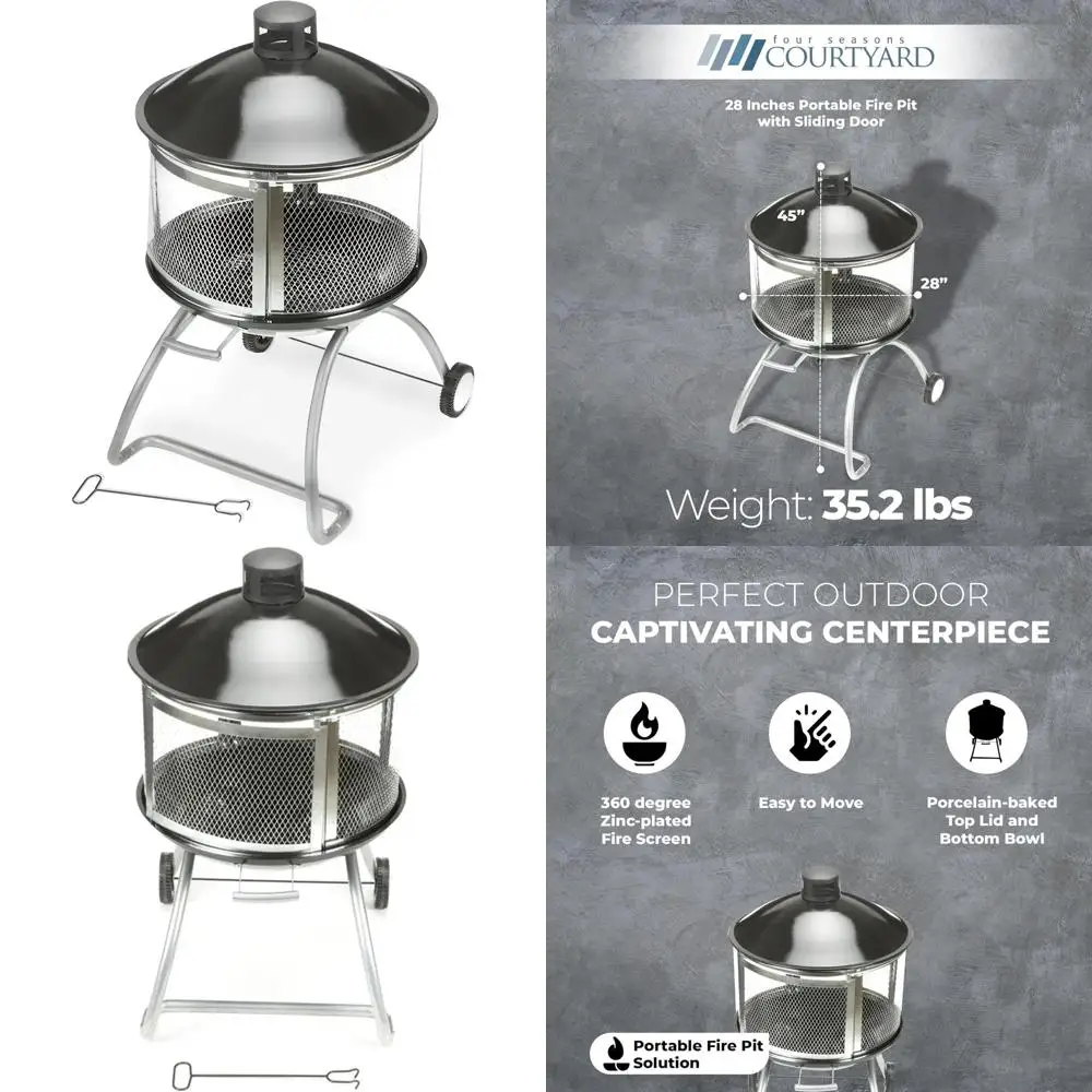 

"28 inch sliding door outdoor fire pit with removable top cover"