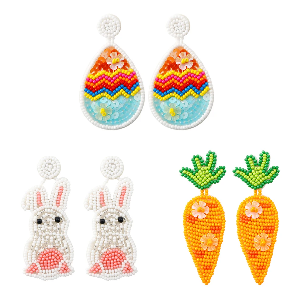 

Aesthetic Y2K Accessories Jewelry Handmade Cute Egg Carrot White Rabbit Bunny Easter Seed Beaded Earrings for Women Girl Gift