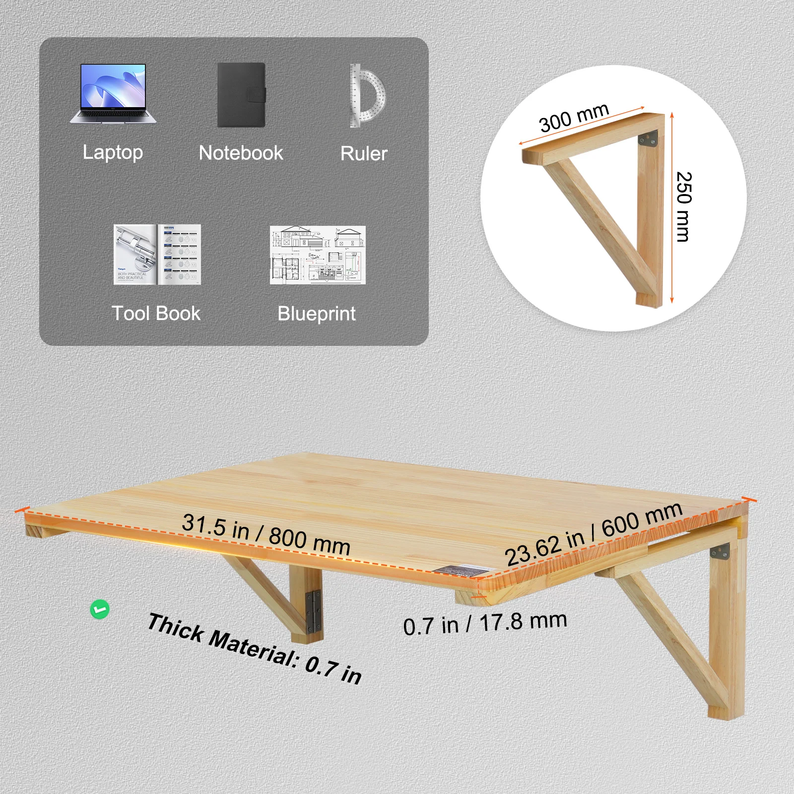 VEVOR Wall Mounted Folding Table Wooden Floating Desk with Iron Bracket Drop Leaf for Home Office Kitchen Bar Space-Saving