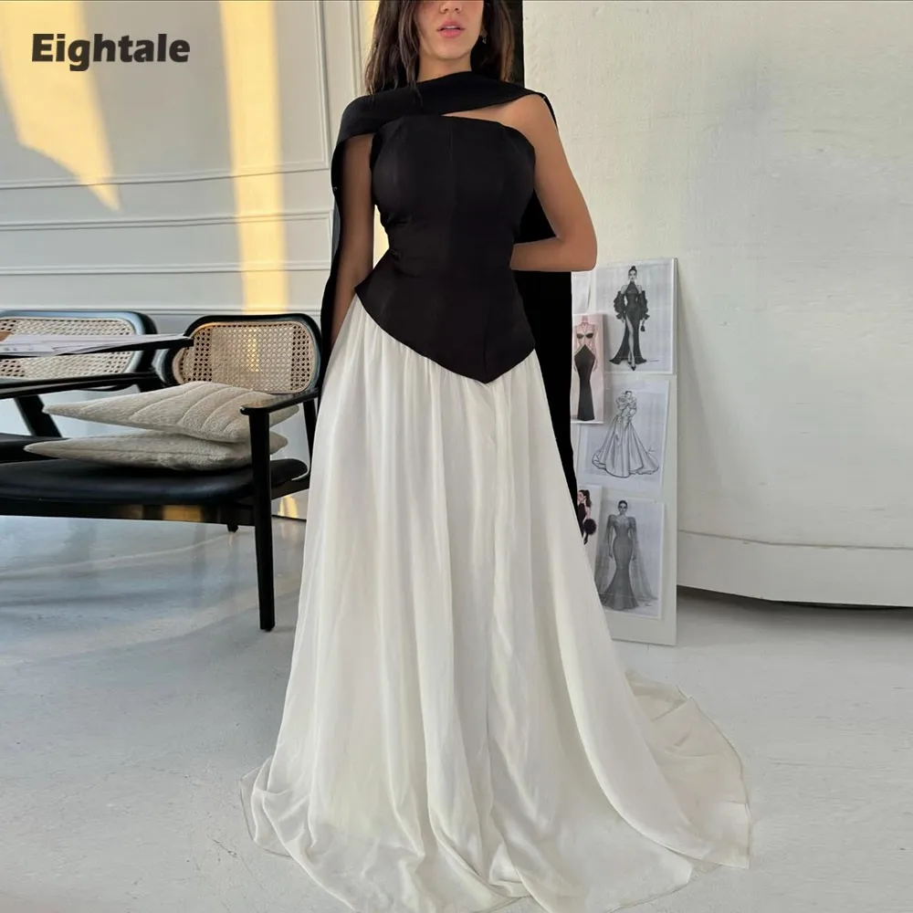 

Eightale Arabic Evening Dress Strapless Chiffon Muslim Pleats A-Line Customized Black and White Sexy Prom Wedding Party Gown