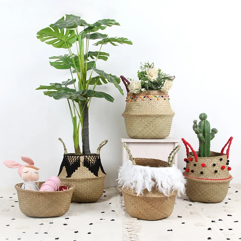 Cesta de vime tecido seagrass para planta pote organizador lavanderia cesta de piquenique para banheiro animais de estimação brinquedos panier osier