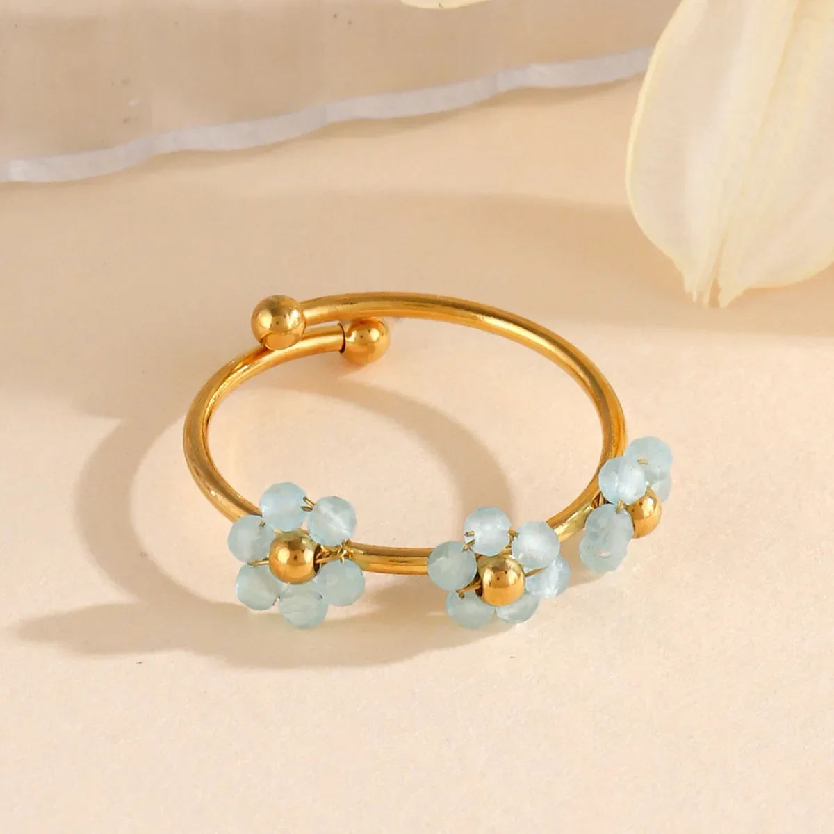 INS Hot Sale Colored Transparent Beads Flower Open Knuckle Ring for Women Stainless Steel Geometric Petal Adjustable Golden Ring