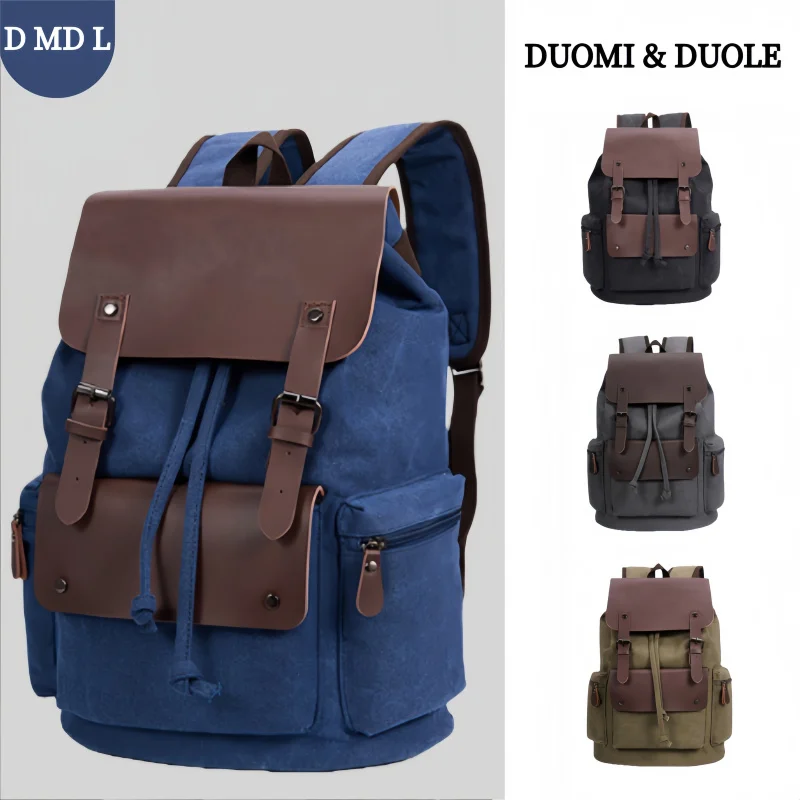 

Рюкзак из канваса в стиле ретро, весна 2026, темно-синий, унисекс, с отделкой из ПУ, с клапаном на пряжке и шнурком, большой вместимости, для повседневных поездок, готов к отправке