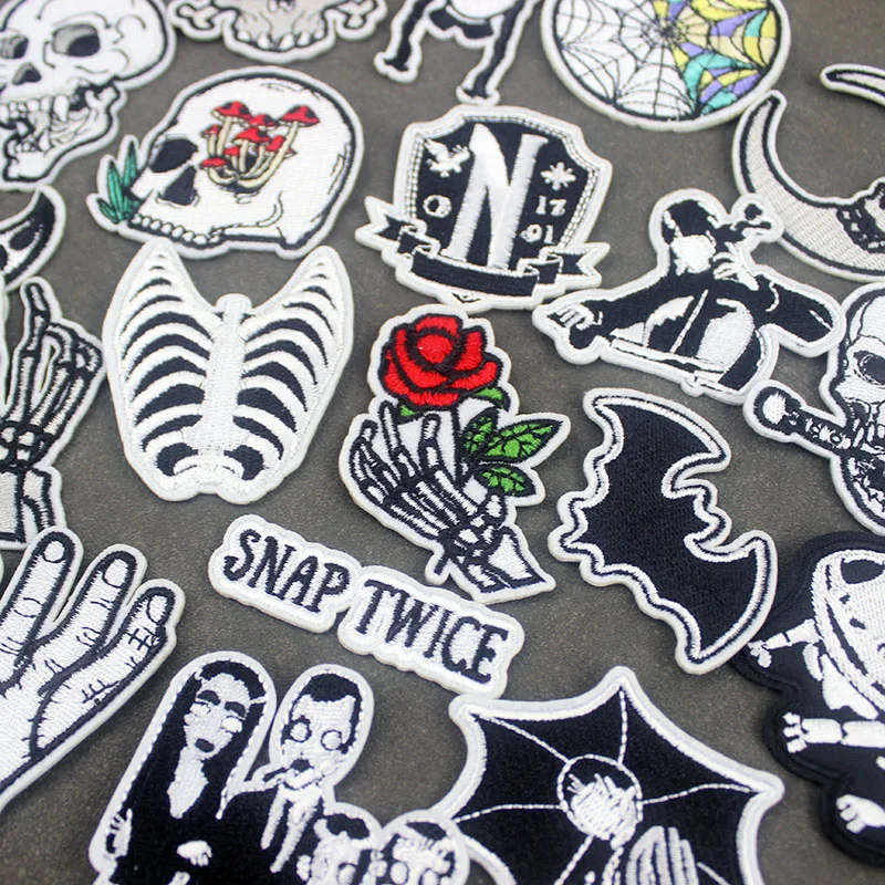 20pcs a lot Punk Skull Patches Iron on for Cloth Jacket Cartoon Dinosaur DIY Stickers White Badge Embroidery Stripes Appliques