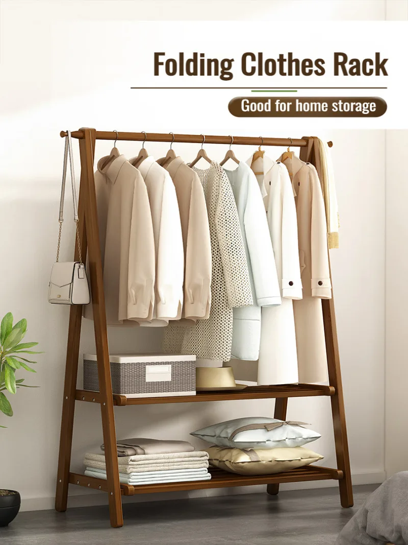 Household solid wood thick floor coat rack Standing folding drying rack clothes hat storage shelves Living Room Bedroom organize