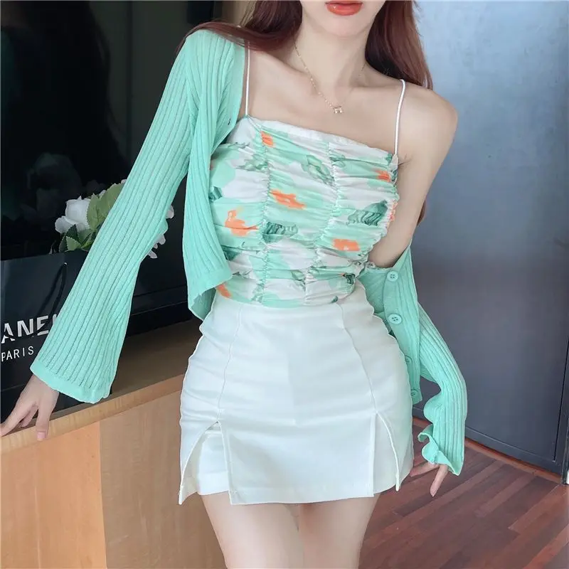 Fashion Long Sleeve Knitting Coat Ladies Streetwear Two-piece Summer Slim Sleeveless Camisole Sweet Solid Color Women's Clothin