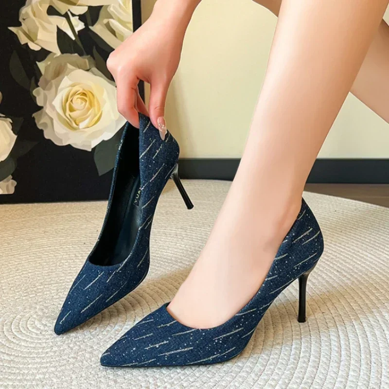 Plus Size Shoes Fashion Women Summer High Heels Wedding Shoes Denim Pointed Stiletto Heel Work Shoes 8cm High Heels