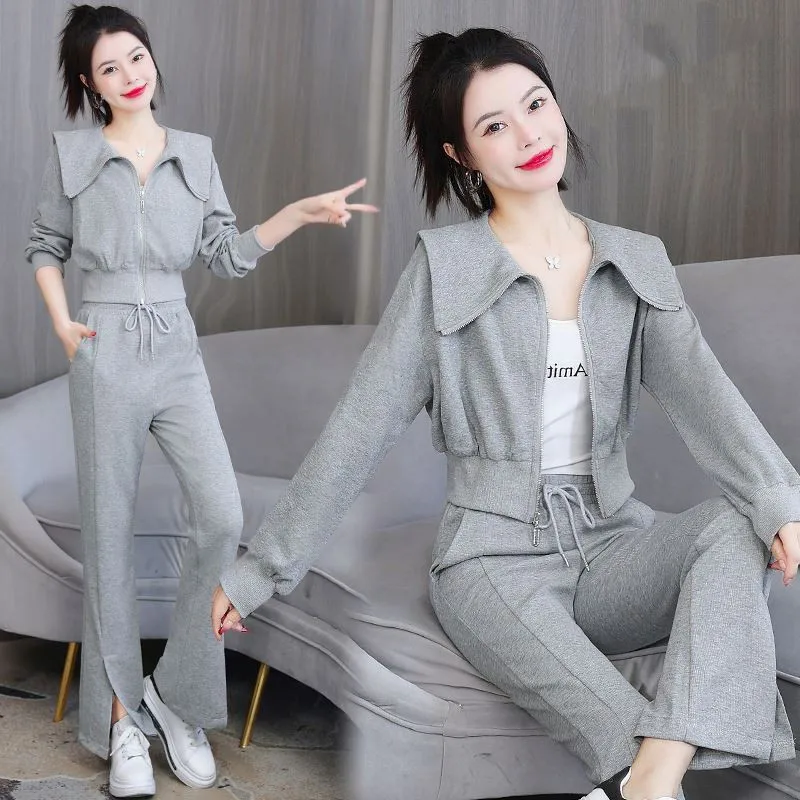 Fashion suit 2024 autumn new style temperament doll collar cardigan top casual sports pants two-piece set