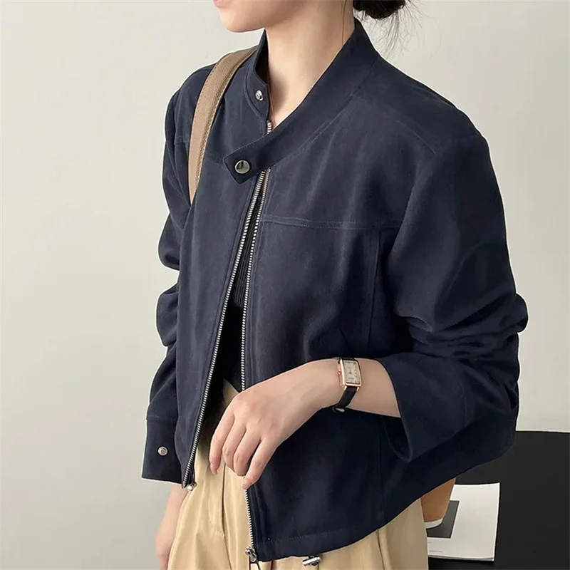 Retro feminino gola forrado outwear avançado feminino mangas compridas jaqueta primavera outono senhoras moda zíper locomotiva casaco