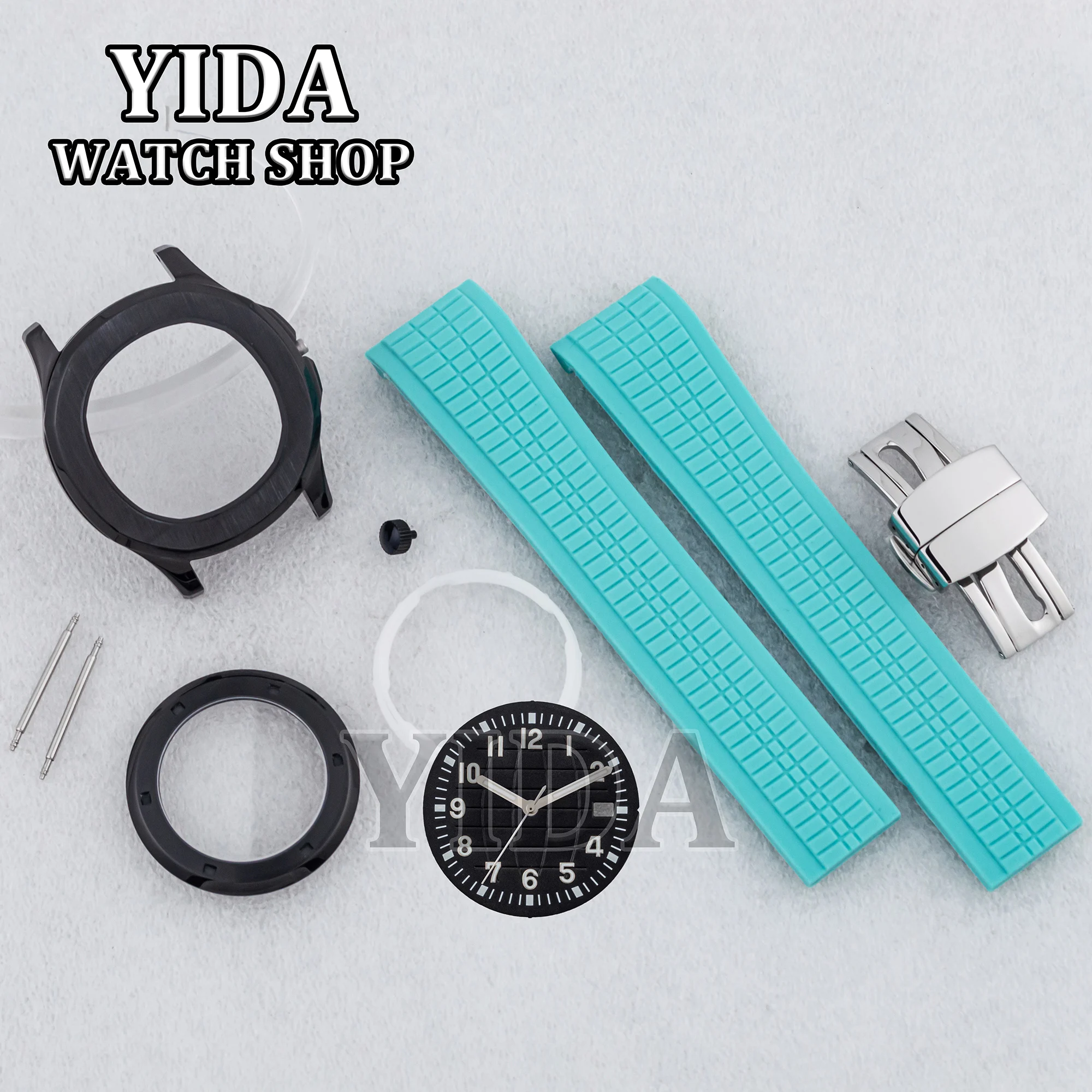 

42MM PVD Black NH35 Case Rubber Band Light Blue Yellow Strap Green Luminous Dial Hands for AQUANAUT Nautilus NH36 Movement Part