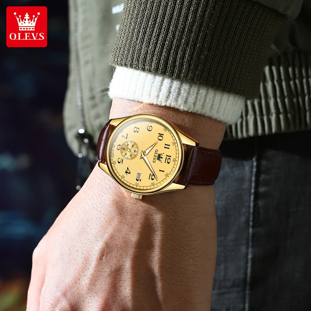 OLEVS 3622 Number Scale Quartz Watch For Men Leather Strap Original Waterproof Luminous Calendar Top Brand Fashion Man Watch image 5