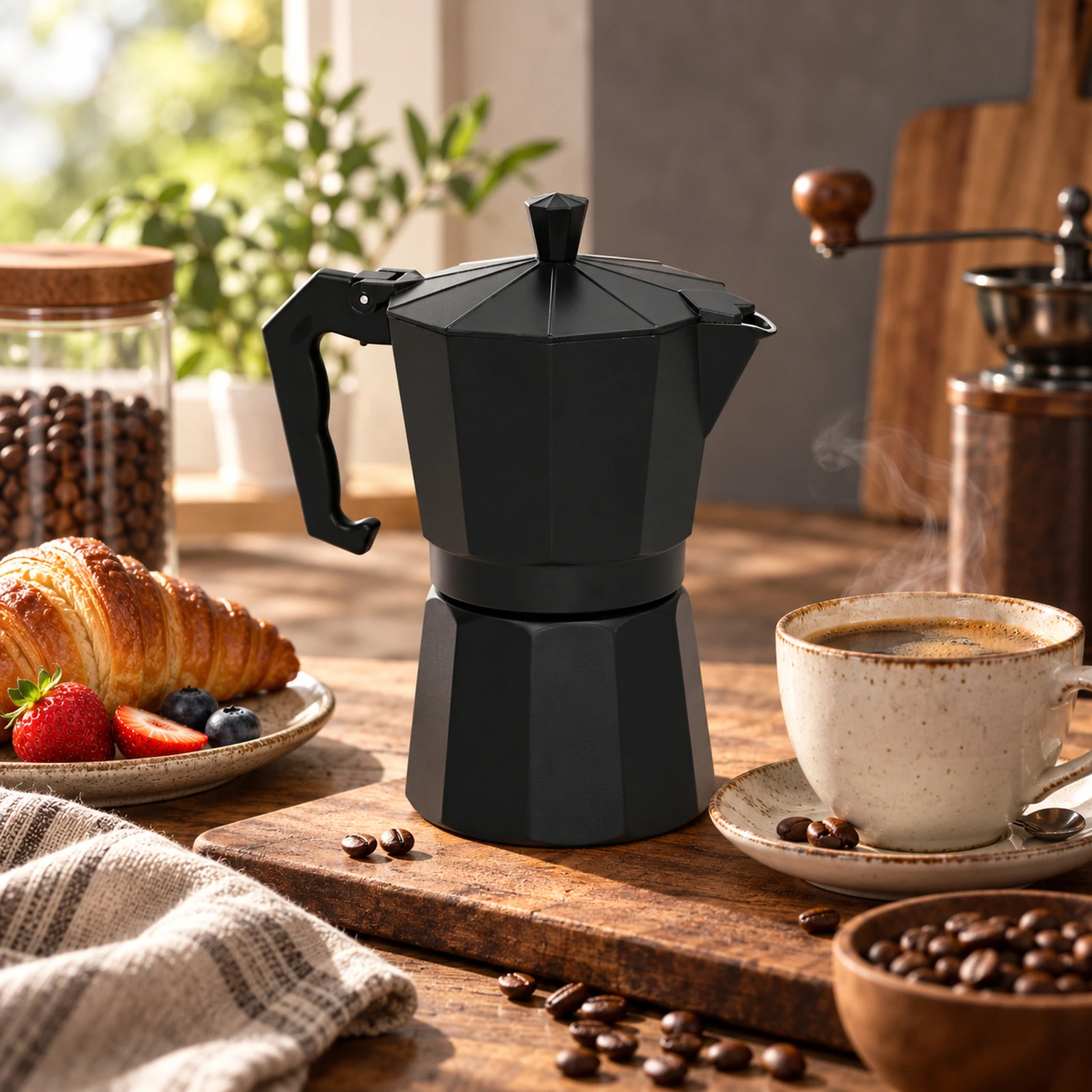 Cafetera Italiana de Aluminio en Color Negro para Espresso Tradicional, Moka Pot Clásica con Mango Ergonómico para Cocina y Camping, Disponible en Tamaños de 15.5 cm y 19 cm