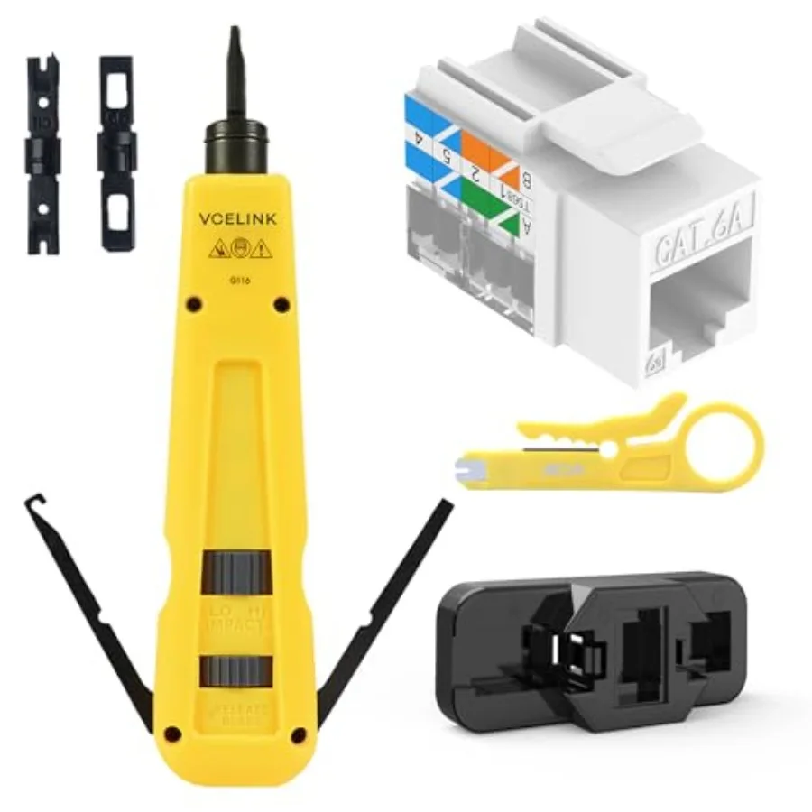 

25-Pack RJ45 Cat6A 90-Degree Keystone Jack Bundle with Punch Down Impact Tool with Punchdown Stand and Mini Wire Stripper Cutte
