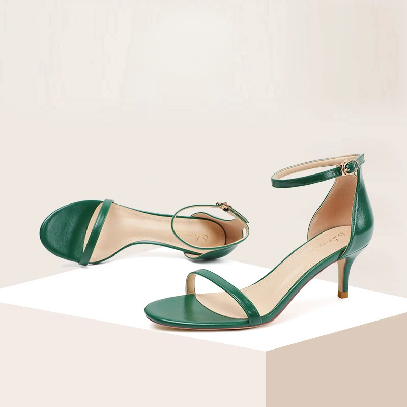 Dark Green Genuine Leather Sandals Women Summer New Simple Stiletto High Heels Open Toe Ankle Strap Daily Wear Casual Shoes