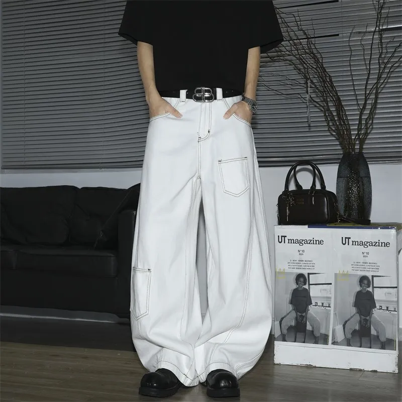 

American Casual White Knife Jeans Men Trendy Vintage High Waist Loose Wide Leg Long Pants Multiple kets Distred