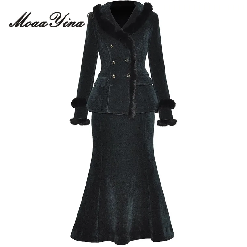 MoaaYina Women's Fur Collar Double Row Buckle Strap Slim Fit Top Jacket Fish Tail Half Skirt Thick Fashion Two-Piece Set