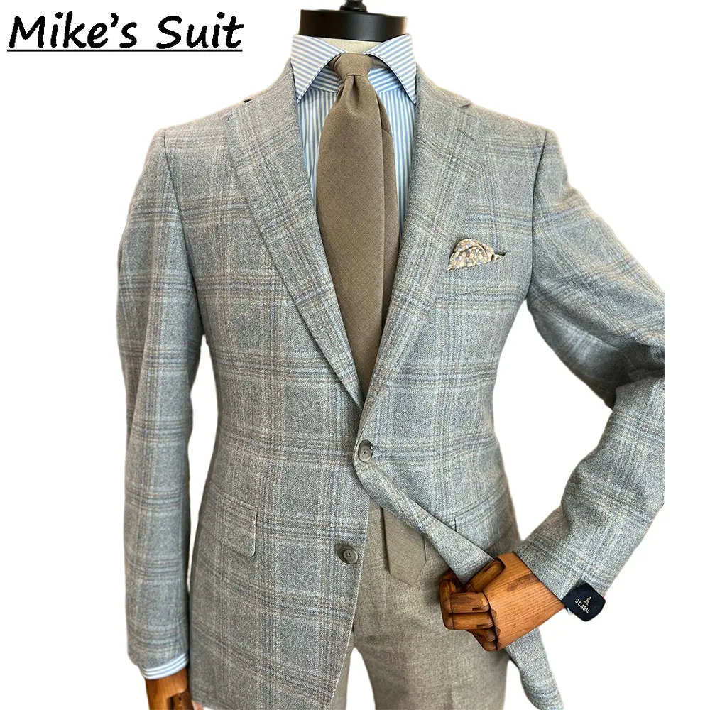 Men Light Grey Windowpane Check Flannel Wool Blazer Single Breasted Business Smart Casual Sport Coat
