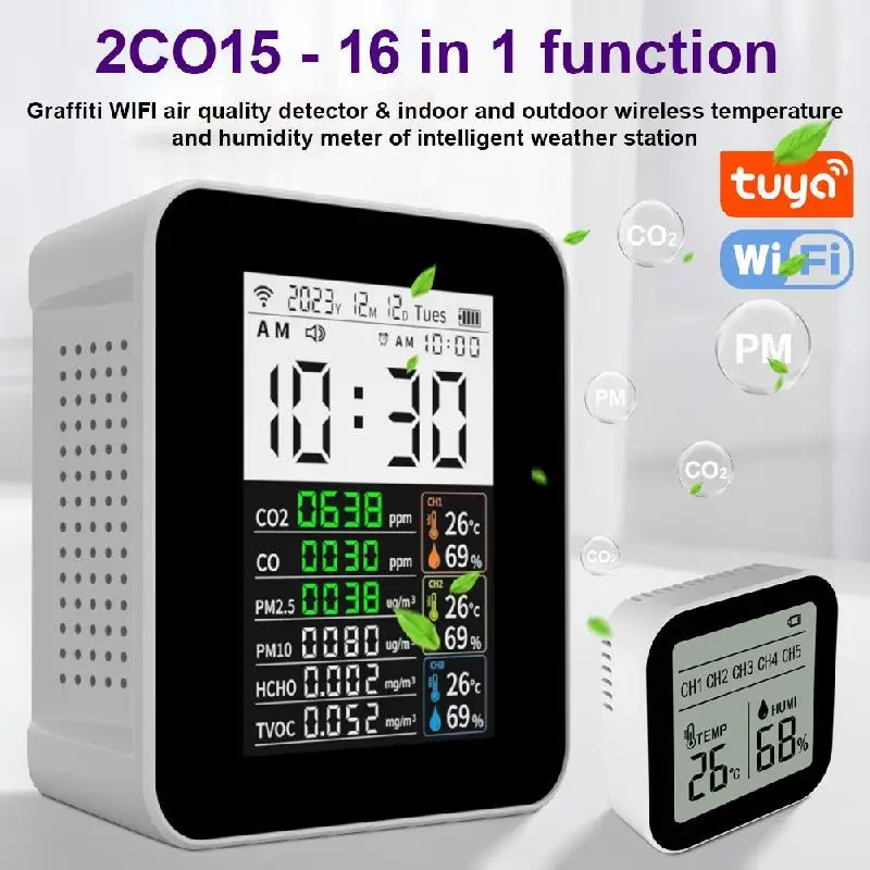 Smart WiFi Air Quality Monitoring CO2 CO TVOC HCHO PM2.5 PM10 Smart Weather Station Wireless Temperate 1/2/3 Sensor