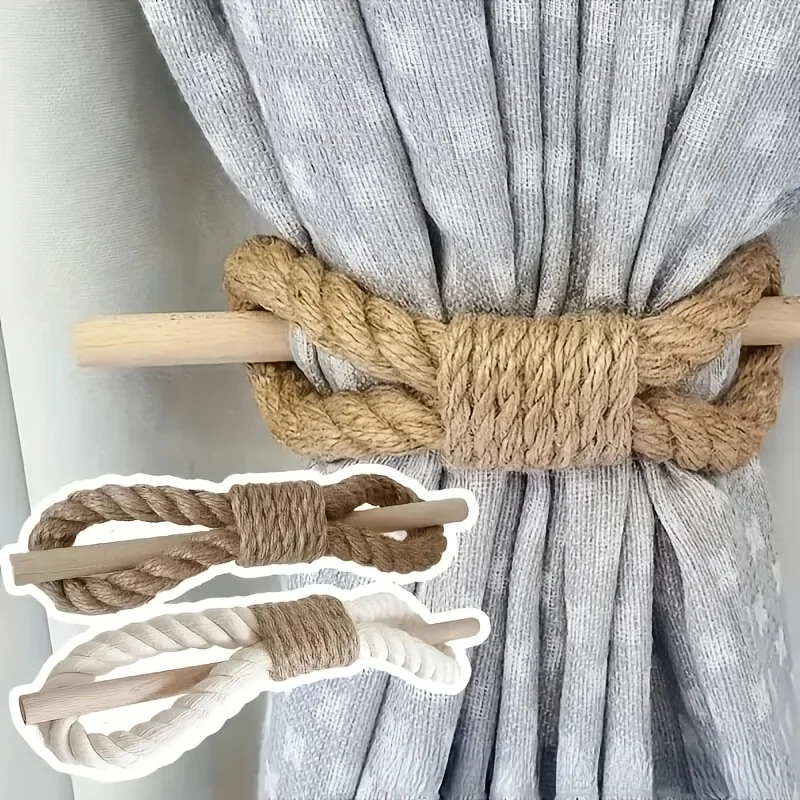 1PC Nordic Style Solid Wood Sticks/Coarse Rope And Hemp Rope/Easy Curtain Fixation/Suitable for Bedroom Curtain Buckle