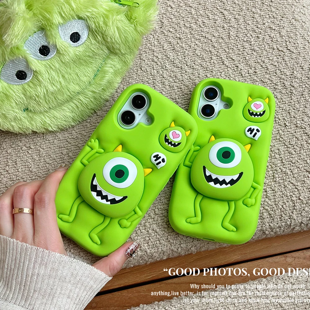 Cute Cartoon Monsters Cover With Stand Holder For iPhone 16 15 14 Plus 13 Pro Max Soft Silicone Case