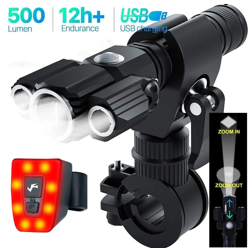 

USB Перезаряжаемый фонарик, светодиодный водонепроницаемый Передний фонарь для велосипеда, Регулируемый зум, тактические фонарики для велосипеда