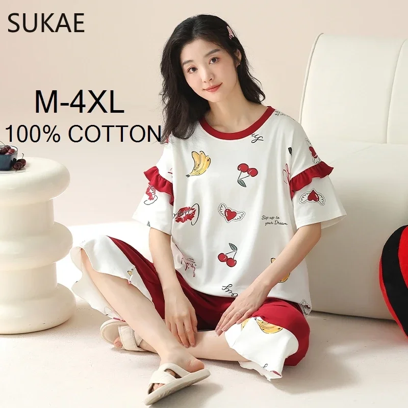 SUKAE 100% Cotton M-4XL Women Pajamas Set Summer Sleepwear Short Knee-length Pants Nightwear Capris Loungewear Cartoon Pijama