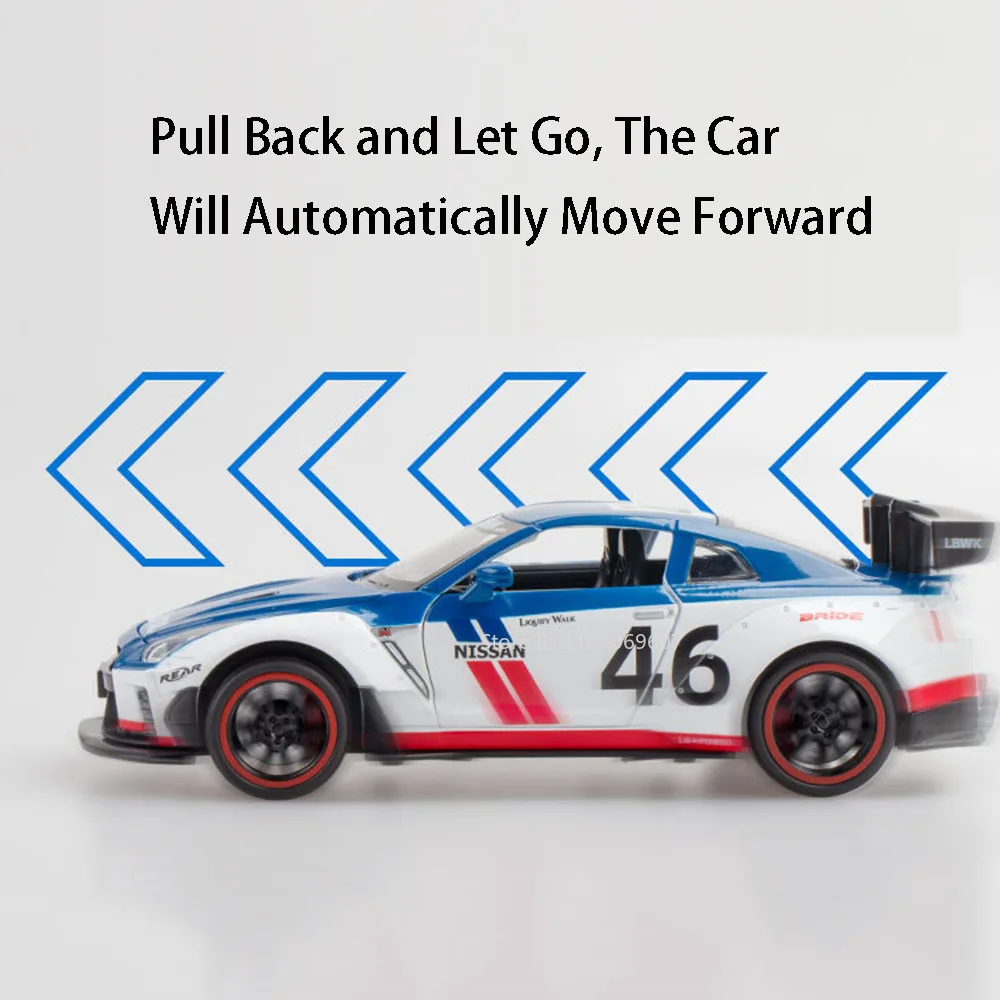 Maßstab 1:22 GTR Modifiziertes Auto Legierung Modell Spielzeug Diecast Sound Licht Zurückziehen Türen Geöffnet Fahrzeug Sammlung für Jungen Geburtstag Geschenk