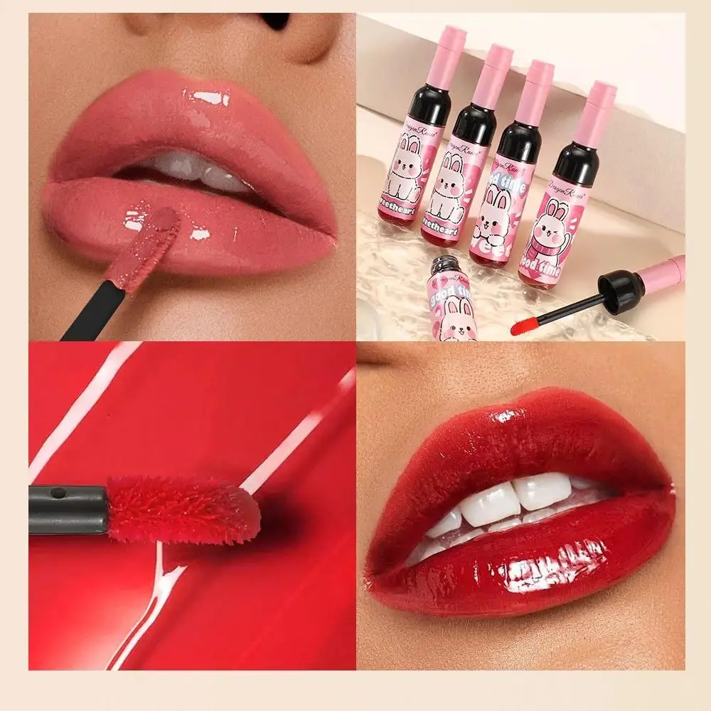 ชุดลิปกลอสรูปขวดไวน์ Long Lasting Moisturizing Non Transfer Liquid ลิปสติกพร้อมการออกแบบการ์ตูนน่ารัก