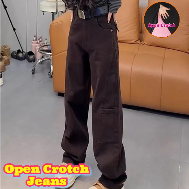 

Women Plus Size Jeans Fleece Lined Wide Leg Open Crotch Pants Fall Winter New Slimming Straight Trousers Coffee Brown Casual