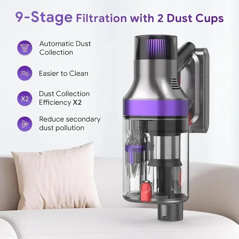 Cordless Vacuum Cleaner, Self-Standing with 530W/38Kpa Stick Vacuum and 2 Dust Cups Design, 8 in 1 Vacuum Cleaner Pet Hair