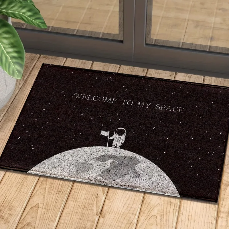 2D Flat Astronaut Moon Surface Welcome To My Space Flannel Door Mat Non Slip Sci Fi Rug For Entryway Floor