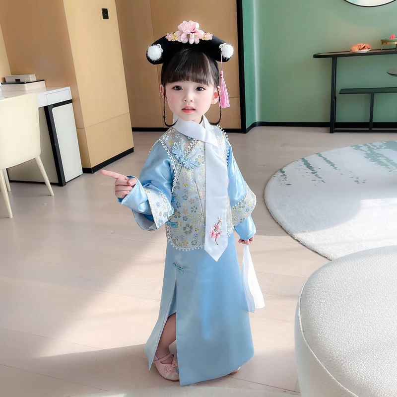 Original Kids Chinese Qing Dynasty Princess Dress Baby Traditional Hanfu Folk Dance Costume Girl Stage Performance Outfit