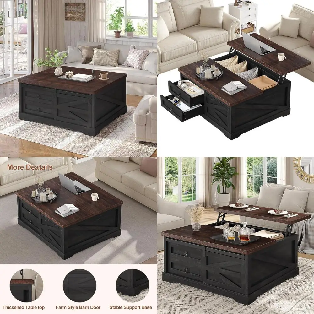 

Farmhouse-Style Lift Top Coffee Table with Storage, Square Table for Living Room, Large Hidden Compartment & 2 Drawers, Adjustab