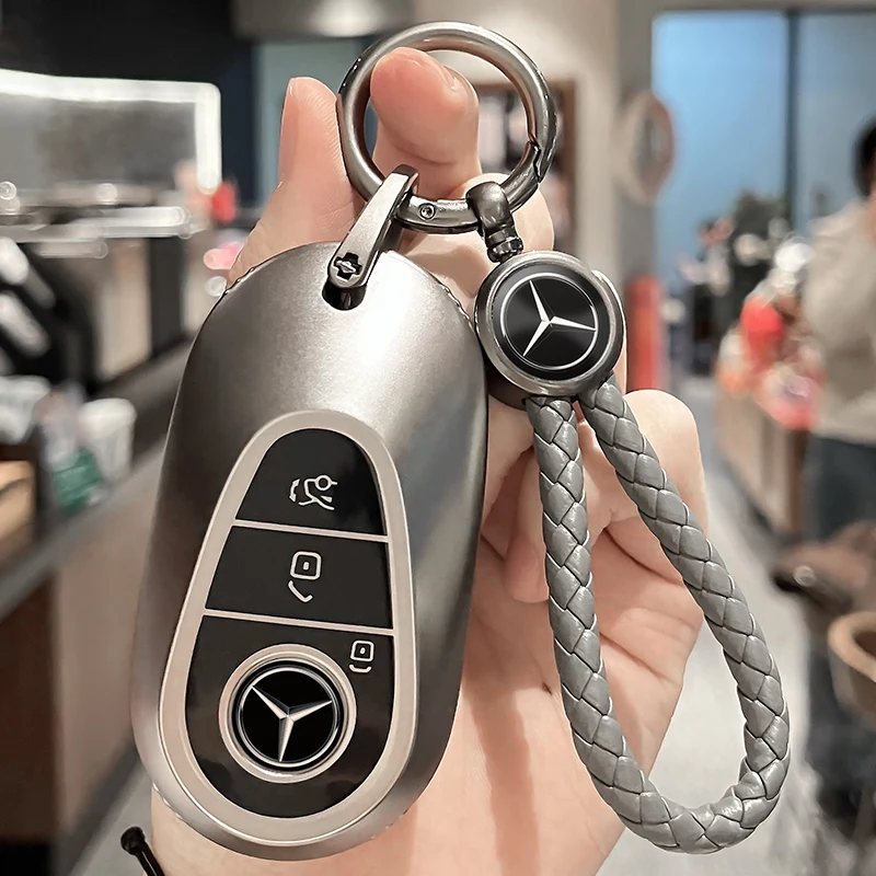 Mercedes Benz Key Fob Cover with Keychain, Pink Genuine Leather Crystal Key Case Protection Shell Fit for 2020