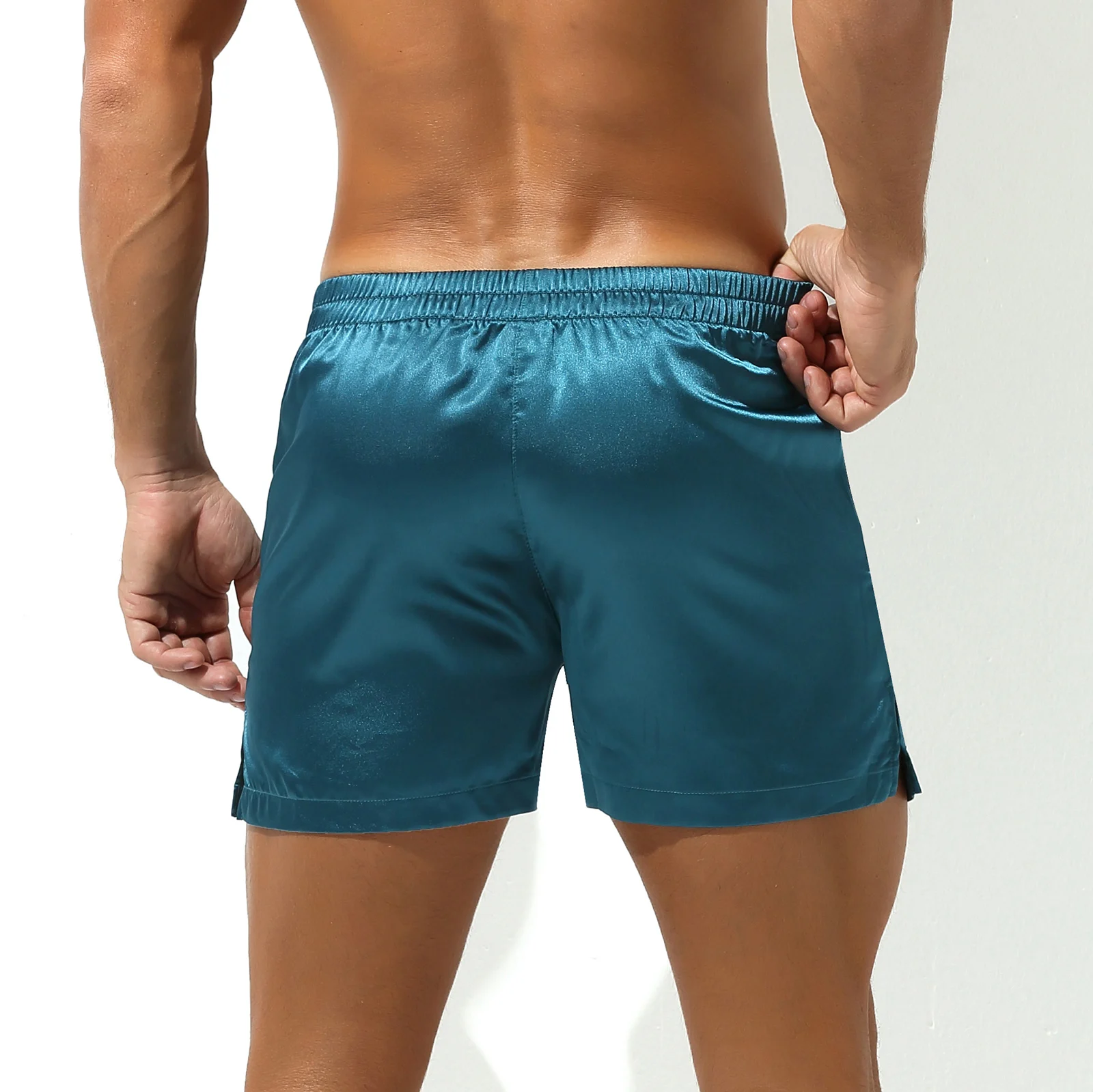 Shorts boxer cetim de seda masculino, pijama de cintura média, divisão lateral, fundo liso, calcinha breve, roupa íntima de dormir