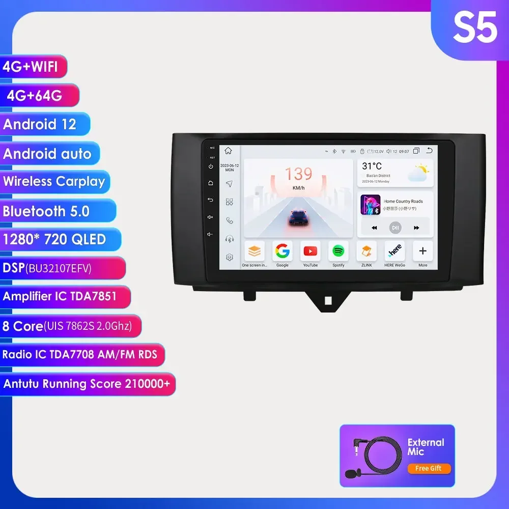 9 "ossuret android13 auto raido für mercedes benz smart fortwo 451 2010-2015 multimedia carplay stereo auto gps dsp rds 4g swc 7