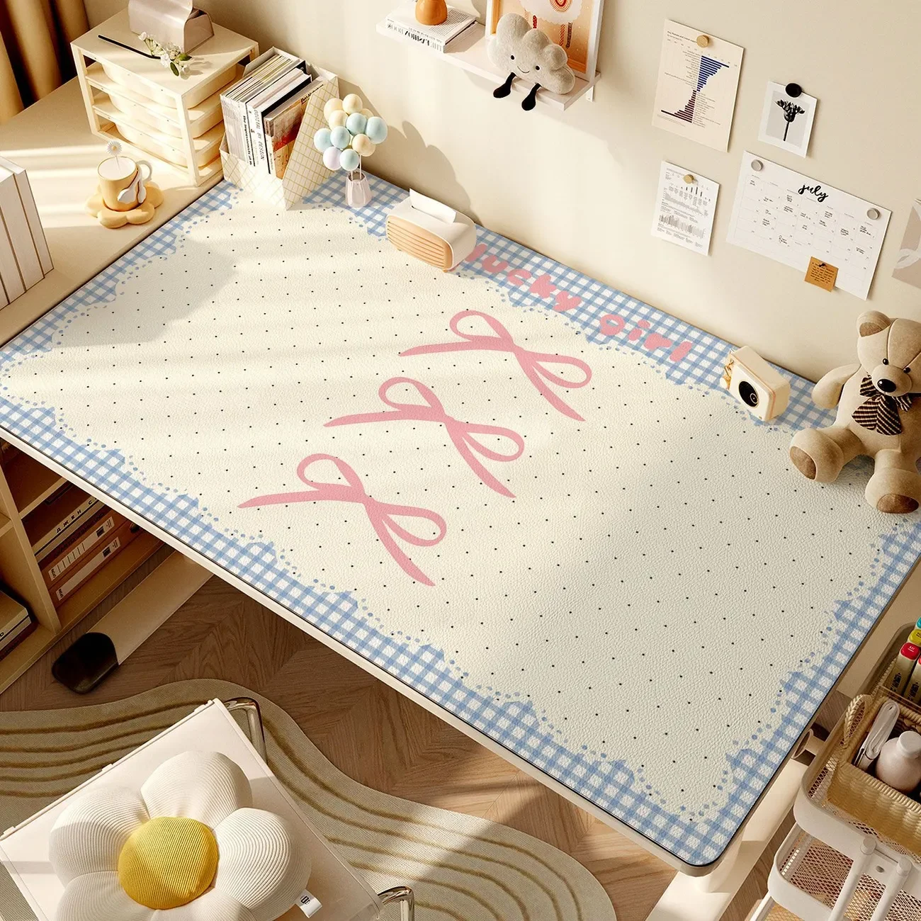 Leather Desk Pad Protector Polka Dots Puppy Bunny Y2K Bow Mouse Pad Office Desk Mat Waterproof Non-Slip PU Desk Blotter Pad