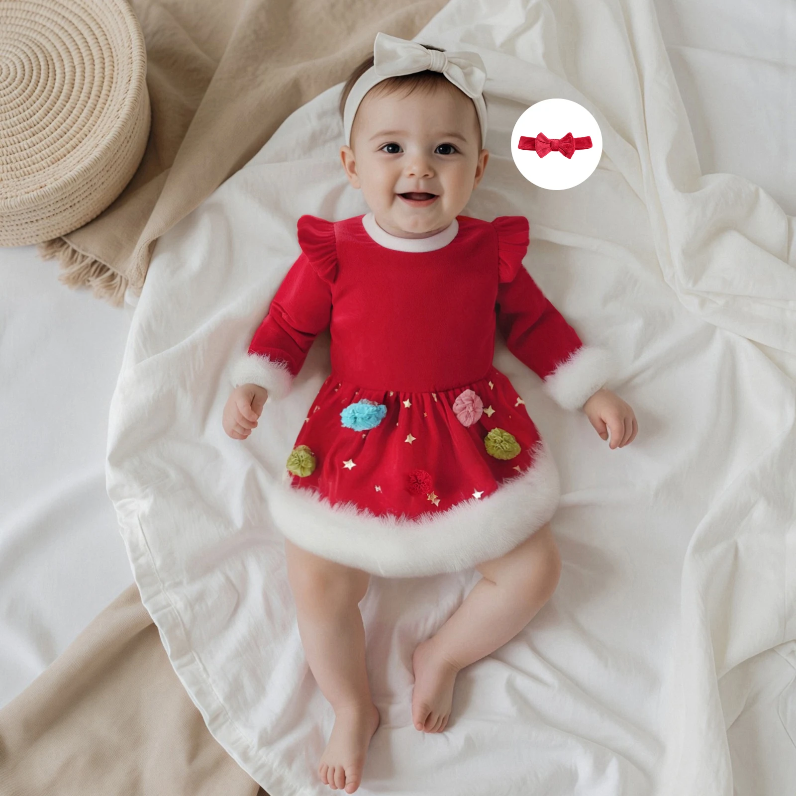 

0-24M Christmas Outfit for Baby Girl Star Print Velvet Long Sleeve Romper Dress Bow Headband 2 Piece Set