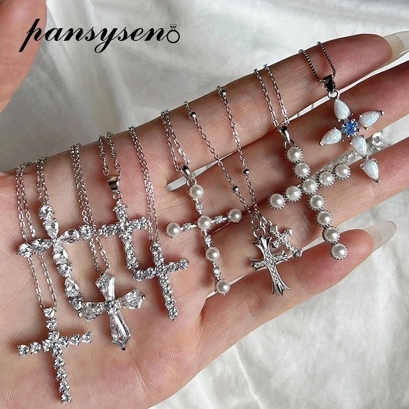 

New Trendy Silver 925 Fine Jewelry Lab Sapphire Pearl High Carbon Diamond Cross Pendant Necklace for Women Man Luxury Party Gift