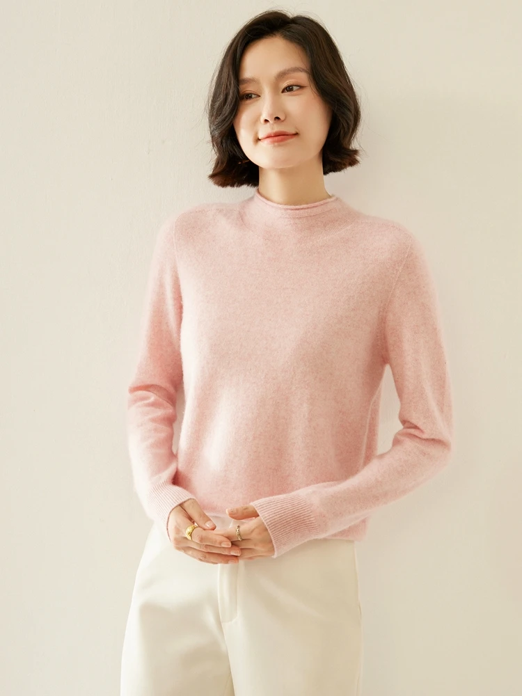 

TLOML High Quality Curled Collar Mock Neck Sweater Women 100% Cashmere Pullover Autumn Winter Slim Multicolored Design Warm Tops